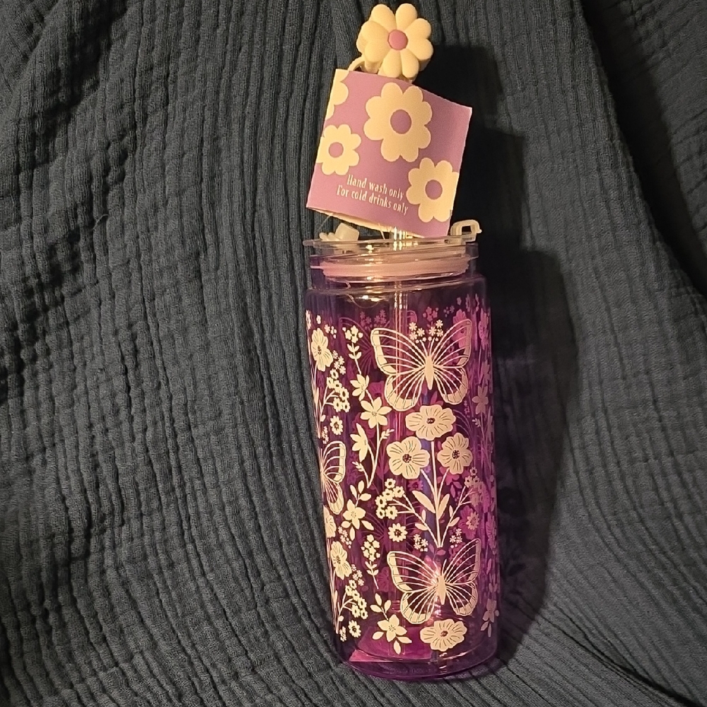 Purple Floral Butterfly Glass Tumbler